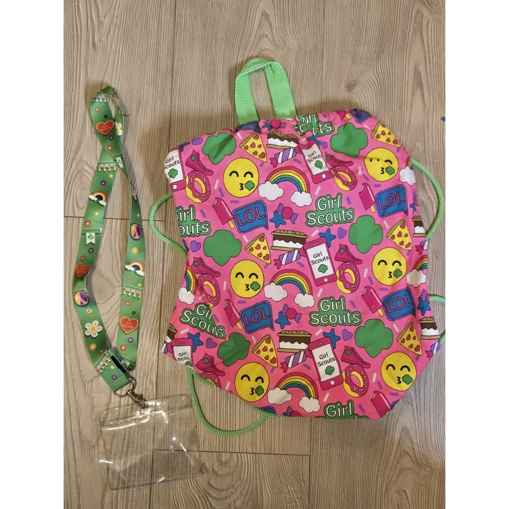 Girl Scouts Pink Emoji Drawstring Backpack Cinch Bag and Green Lanyard Set